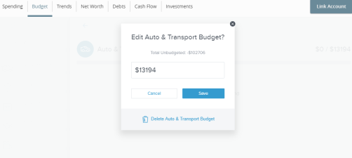 Edit budget popup window